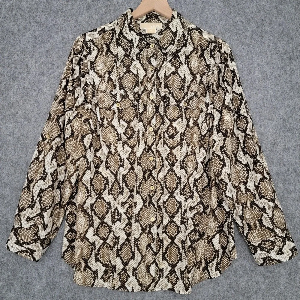 Michael Michael Kors Shirt Womens 1X Brown Black‎ Snake Print Button Front Plus